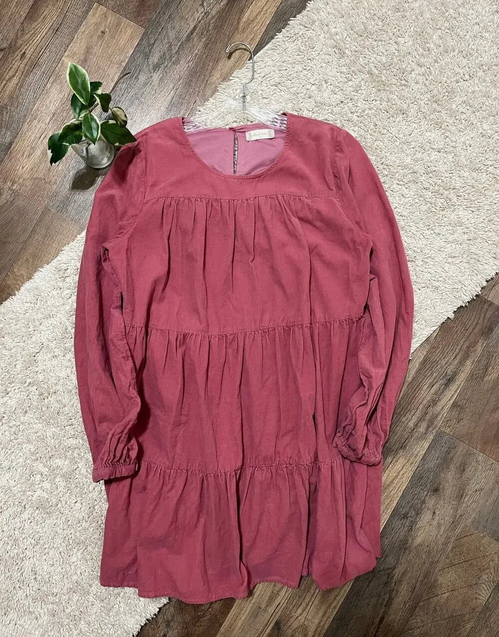 Altar'd State Size Medium Pink Corduroy Long Sleeve Tiered Keyhole Mini Dress